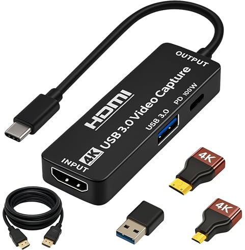 Carte d’acquisition vidéo 4K30Hz In / 1080p60 Out - Capture Card USB 3.0 USB-C & A inclus – PD 100W – Coque aluminium – Micro/Mini HDMI – Plug & Play – Compatibilité totale PS5/Camlink/Tuto OBS inclus