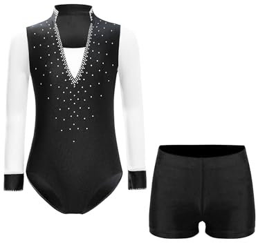 Sxiwei Kinder Jungen Eiskunstlauf Kostüm V-Ausschnitt Strass Tanzbody Trikot mit Shorts Zweiteiliger Tanzkostüm Schwarz 170