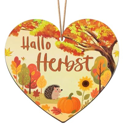 Herbstdeko zum Aufhängen, Hallo Herbst Holz Deko Hänger, Herbstdeko Bunte | Bemalt Fensterhänger, Holz Herz Herbst Deko Innen und Draußen, mit Schnur zum Aufhängen Fall Decor Erntedankfest
