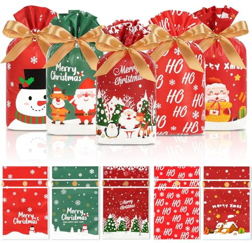 HRX Package 50 Stück Weihnachts-Plätzchenbeutel, 15 x 23 cm, Kunststoff-Süßigkeitentüten, Leckerlibeutel, Kordelzug, Süßigkeiten-Geschenktüten für Weihnachtsfeier, Geschenktüten (fünf Muster)