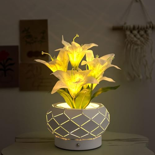 wpdash Lámpara de flores de lirio blanco de 3 colores con atenuación táctil geométrica hueca de hierro, luz LED, recargable, lámpara de escritorio para habitaciones de niños, decoración romántica de