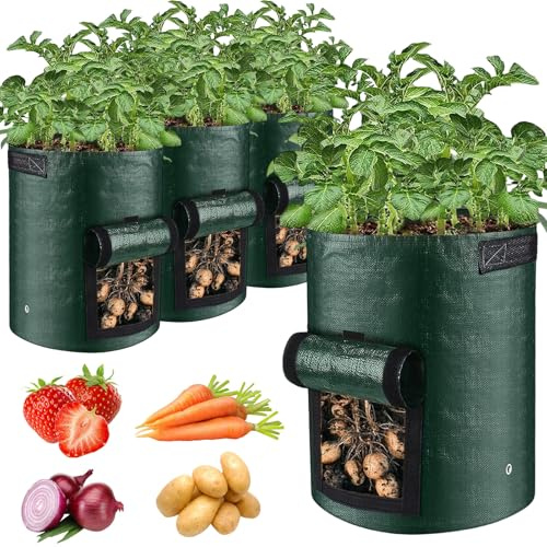 LIIGOU Potato Grow Bags 4 Pack 10 Gallon, Heavy Duty PE Plant Growing Bags with Handles, Reusable Vegetable Grow Bags for Potatoes, Tomatoes, Carrots, Garden, Patio & Balcony