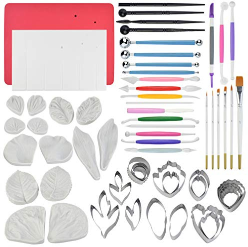 62pcs Gumpaste Flowers and Leaves Fondant Tool Leaf Tool Kit Gum Paste Flower Cutter Set Stainless Steel Flower Cutter Silicone Molds Foam Pad Veining Board Ball Tools Modelling Tools Brushes