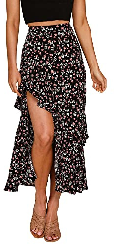 BTFBM Women 2026 Spring Summer Long Skirts Dress Boho Floral Elastic Waist Split Ruffle High Low Beach Maxi Skirt Clothes(Z-Black, Large)