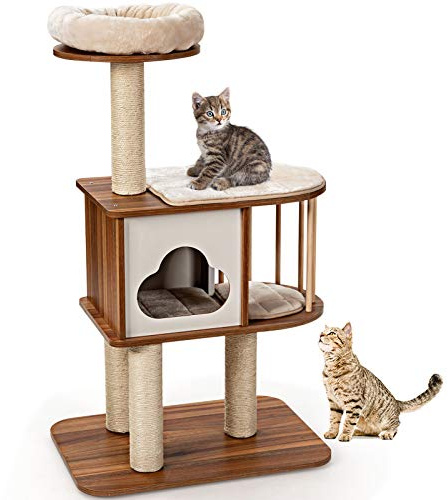 COSTWAY Arbre à Chat 117CM en Bois avec Plate-Forme Griffoirs et Coussins Lavables, Design et Moderne avec Niche, Centre d'Activités Multifonctionnel pour Chat Chaton (Brun)