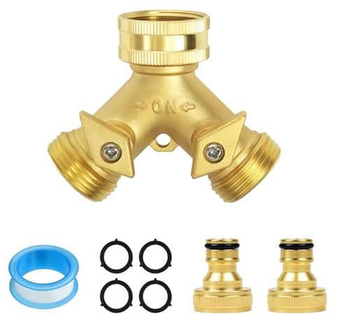 Skystuff Hose Tap Connector, Garden Hose Splitter 2 Way | Y Valve Brass Hose Connector Garden Tap with 2Pcs 3/4 Hose Pipe Splitter
