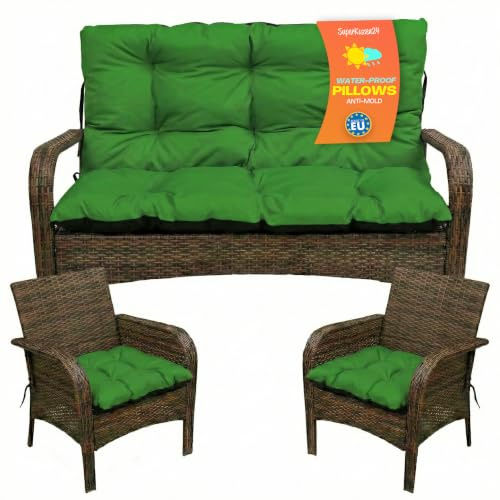 SuperKissen24. Sitzkissen Bankkissen Bankauflage - 100x50 cm und Rückenlehne 100x60 cm mit 2er 45x45 cm Stuhlkissen Set - Outdoor und Indoor - Grün