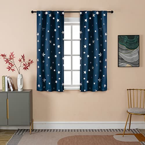 GIRASOLE HOME® Coppia Tende Oscuranti Morbide Fantasia Stelle Argentate Tenda Morbida per Interni con Tasca e Passanti Nascosti 2 Pannelli (Blu, 70x145cm)