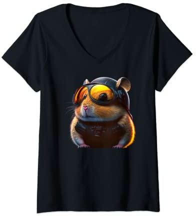 Damen Hammster mit Biker Helm- Motorrad T-Shirt mit V-Ausschnitt