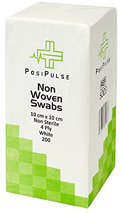 Posi Pulse 10cm x 10cm, 200ct Non-Sterile Gauze Swabs - 4 Ply Non-Woven Blend of Soft Strong Smooth Viscose/Polyester, 30g, Latex Free, CE Certified, White for Wound Dressing, Cleaning, Absorption