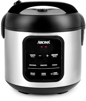 AROMA® - Arrocera digital, 4 tazas (sin cocinar) / 8 tazas (cocida), vaporizador, multicocina, olla de avena, mantiene caliente automáticamente, 2 cuartos de galón, exterior de acero inoxidable