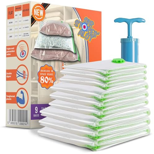 Sir Stores'alot Space Saver Vacuum Storage Bags 9-Pack - Reusable Storage Vacuum Bags for Clothes with Hand Pump - Clothing Storage Compression Bags in 3 Sizes - Versatile Home Storage Packing Bags