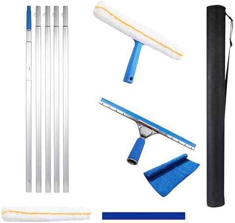 Professioneller Fensterabzieher, Fensterreinigungsset Spleißbar Lang verstellbar 5m Duschabzieher Edelstahl Abziehlippe 35cm für Innen und Außenbereiche Hohe Fenster Garage Garten WeiB