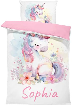 Pictogogo Süßes Einhorn-Design Kleinkindbettwäsche für Mädchen mit Namen, Personalisiert, Wählbare Baumwollunterfarbe (Weiß, Rosa, Blau, Grau), Oeko-TEX, 100 x 135 cm
