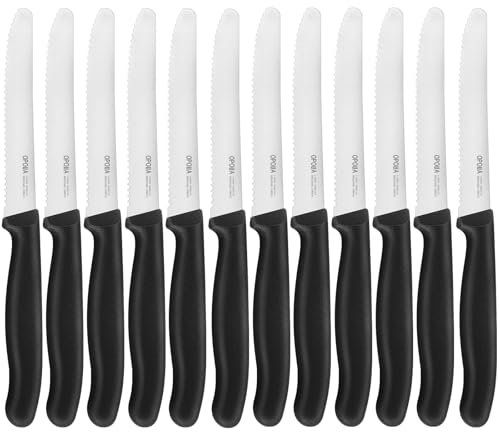 OPOLIA 12 Stück Brötchenmesser, schwarz,Wellenschliff Tomatenmesser，Hochwertiger Rostfreier Stahl Frühstücksmesser，Sehr scharfes Tafelmesser,Spülmaschinenfest.