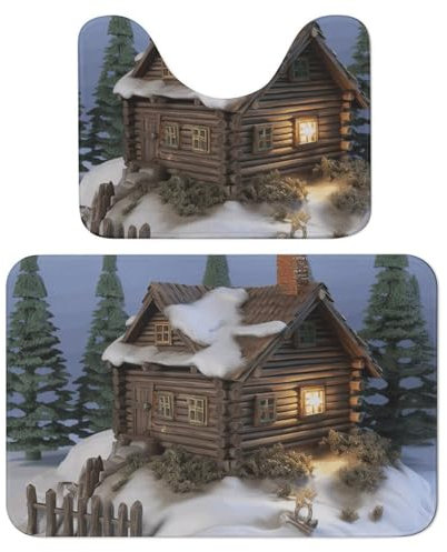 Badezimmerteppich-Set, weich, saugfähig, Mikrofaser, U-förmiger WC-Vorleger, rutschfester Badteppich, Holz, rustikal, Landhauslandschaft, Badematten für Badezimmer, Badewannenmatte, 2-teilig