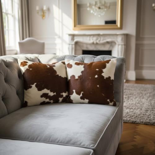 Uk Home Decor Genuine Cowhide Cushion Pillow Covers Leather Hair On Cow Hide Skin Throw Pillow Covers (40 X 40 Cm) Set Of 2 (Brown/White, Pack of 2)