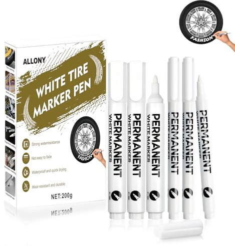 Allony Reifenstift Weiß Wasserfest, Weißer Reifenmarker, Reifen Weiss Stift, Reifenmarker, Geeignet für Markierungen, Graffiti auf Autoreifen Oder auf Steinen, Holz, Gummi usw, Weiß, 6 Stück