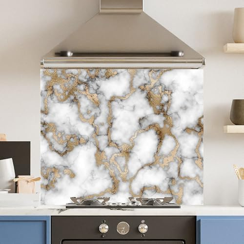 Toughened 6mm Glass Kitchen Splashback 90 x 75cm White Gold Marble - Polished Heat Resistant Back Splash for Cookers Hob