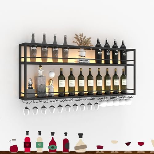 Weinregal Wand Metall Flaschenregal Schmal Wine Rack Weinschrank Hausbar Barschrank mit Weinglashalter Weinständer Bar Regal Wand Getränke Regal Mini Bar Vitrine Hängend für Küche Esszimmer(WITH LIGHT