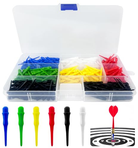 TAGOQUEN Puntas de plástico para dardos, 280 puntas de repuesto, rosca estándar 2BA, puntas de dardos suaves, accesorio de repuesto premium con caja de plástico (negro, blanco, amarillo, rojo, azul y