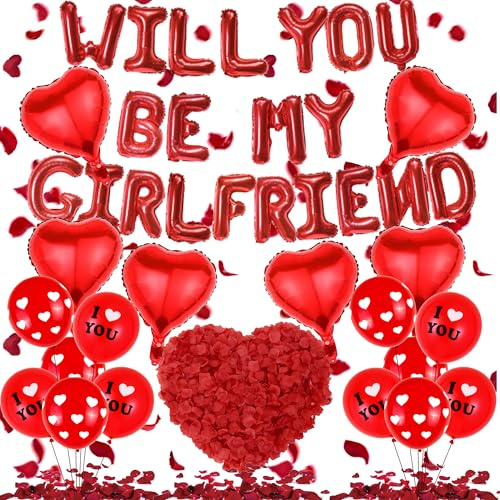 Will You Be My Girlfriend - 539 Stück Rot Verlobung Deko Folienballon Banner Herz Ballons I LoveYou Bedruckte Luftballons Rosenblätter Für Jubiläen Heiratsantrag Valentinstag Geständnis Hochzeit Deko