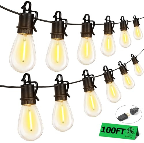 TDLOL 100FT Outdoor String Lights with 35 Shatterproof Patio Deals S14 Vintage Edison Bulbs E12 Sockets,2700K Dimmable Outdoor Lights,IP55 Waterproof LED String Lights for Outside, Patio Lights