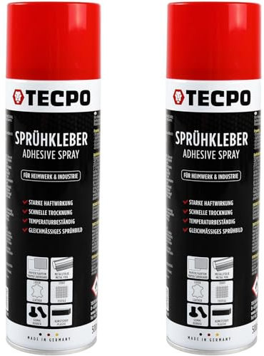 TECPO Sprühkleber 2x 500ml, Industriekleber, Stark haftend, Schnelle Trocknung, Hohe Temperaturbeständigkeit, Vielseitig für Textilien, Leder, Schaumstoffe, Dämmmaterialien, PVC, Papier