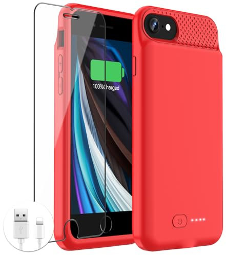 GIN FOXI Battery Case for iPhone SE(2022/2020)/8/7/6/6s,Ultra Slim 6000mAh Charging Case Charger Powerful Rechargeable Battery Pack for iPhone 8/7/6s/6/SE(2nd/3nd)-4.7 Red