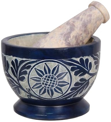 Divit Shilp Mörser und Stößel, hergestellt aus hochbelastbarem, poliertem Hartstein, Natursteinmahlwerk für Gewürze, Pasten, Kräuter, Gewürze etc. (Blue Mortar)