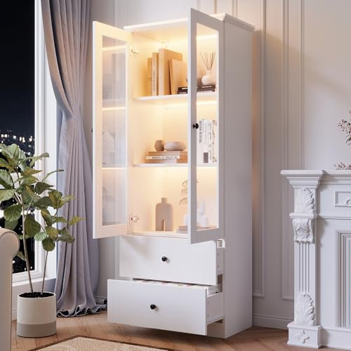 Wiuzo Moderne LED-Vitrine weiß matt 165 cm hoch mit USB-Anschluss, Glasvitrine mit 2 Schubladen, Vertikalvitrine mit verstellbaren Fachböden, Vitrine mit Flügeltüren, MDF