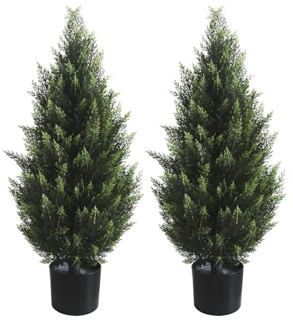 3FT Artificial Topiary Tree, 2 Pack | Realistic Faux Cedar Pines Trees, UV Rated Fake Shrubs, Front Porch Faux Plants, Indoor and Outdoor Decor
