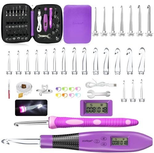 Set di uncinetti ergonomici 24 in 1 con luce LED e contatore di punti, 2,0-14,0 mm, teste intercambiabili in metallo e plastica, aghi per filati, marcatori, righello, ditale e custodia