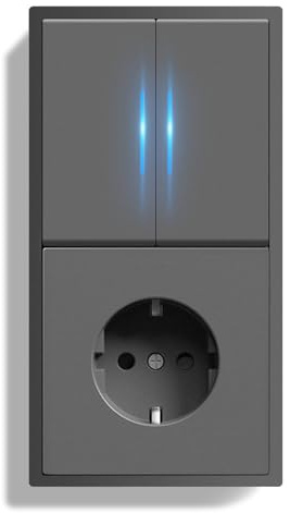 BSEEDLIFE Interruptor con Enchufe Pared,Enchufe con Interruptor Conmutador de Pared con Marco de PC con LED Indicador,2 Gang 1 Vía 150 * 80mm,Fácil Instalación Diseño de Gancho de Garra,Gris