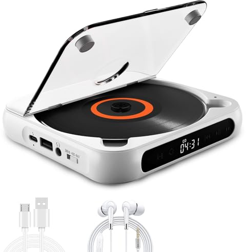 Bekasa Portable CD Player with Bluetooth 5.3, Rechargeable Car CD Player with HiFi Speakers LCD Display USB Personal CD Players for Home with Repeat Modes, Timer, Earphones, Supports CD/AUX/USB