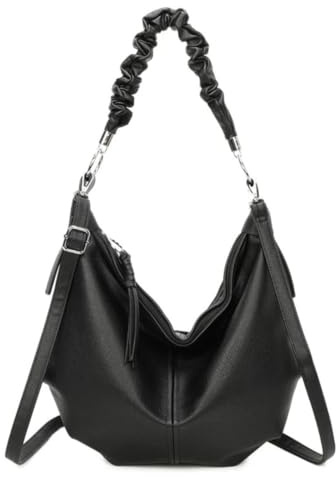 EMVY Sadel Slouch Collection stor axelremsväska – 41 × 30 × 11 cm – justerbar crossbody och avtagbar scrunched axelrem – dragkedjeöppning med tofs, Svart