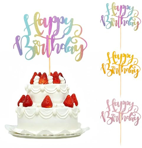 Wanmu 4 Pcs Happy Birthday Cake Topper, Glitter Happy Birthday Cake Decor Birthdays Party Cakes Decorations Cakes Supplies for Anniversary, Bridal Shower, Birthdays Party Supplies​