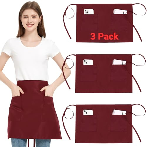 FunChaos 3-pack midjeförkläde med 2 fickor, vinröd servitris servitörförkläden för kvinnor och män, vattentåliga halvserveringsförkläden med långa remmar, bistroförkläde för restaurang, server