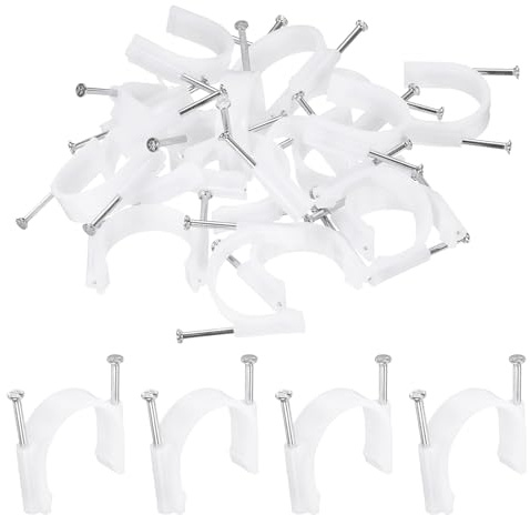 sourcing map 50pcs Cable Clips with Nail 32mm Circular Double Half Clamp J-Hook with Nail Cord Clips for Wires on Wall for Ethernet Tacks Coax Pex Tubing Pipe Support, White