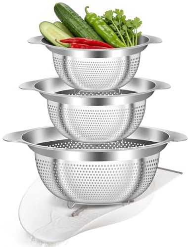 Stainless Steel Colander for Kitchen Pasta Rice Strainer for Spaghetti Fruit Cooking Food 3 Pcs Set Metal Mesh Strainers and Colanders(2QT, 3QT, 5QT),Dishwasher Safe,with Over-Sink Water Draining Base