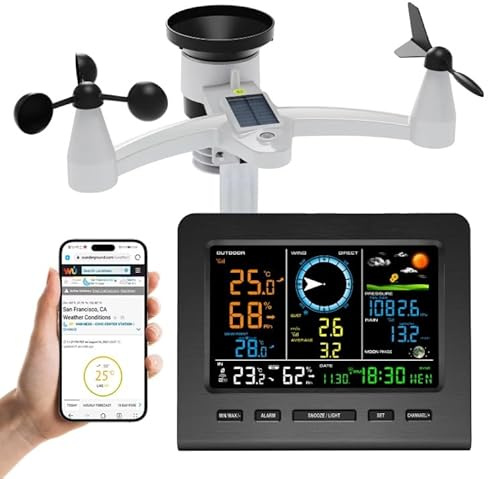 8-in-1 Wireless Weather Station with WiFi Sync Solar Powered Outdoor Sensor Indoor Real-time Temp/Humidity/Wind/Rain/Pressure for Home Garden Farm