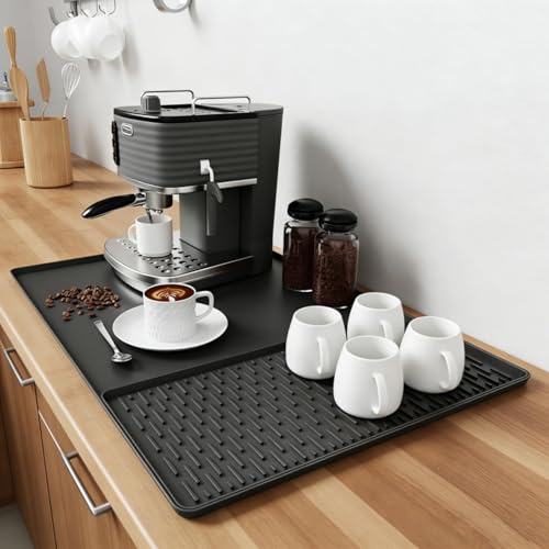 Silicone Coffee Mat, 60x40 cm Coffee Machine Mat with Draining Mat Large Drying Mat for Kitchen Counter Nonstick Heat Resistant Coffee Bar Mat