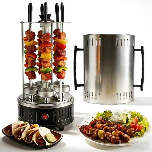 1000W Vertikaler Elektrischer Grill – Schaschlikgrill mit 12 Rotierenden Spießen, Elektrogrill für BBQ & Tischgrill, Döner Grill mit 385°C, Aluminiumgehäuse, Fettauffangbehälter