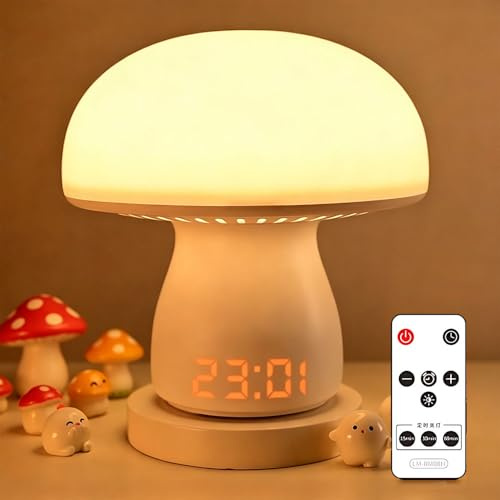 Pilz Lampe mit Fernbedienung & Uhr, Nachttischlampe Touch Dimmbar, USB Wiederaufladbar Nachttischlampe Ohne Kabel, 3600mAh Akku LED Pilzlampe mit Timing & 3 Lichter, für Schlafzimmer Wohnzimmer Büro