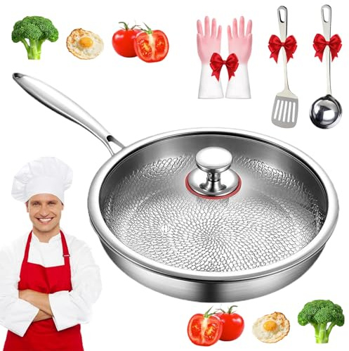 LLELEMAMO Sartén de Titanio con Tapa, Sartén 100% Titanio Puro, Sartén Martillada Antiadherente Sin Revestimiento, Resistente a Rayones para Todo Tipo de Cocinas (32 Cm With Lid)