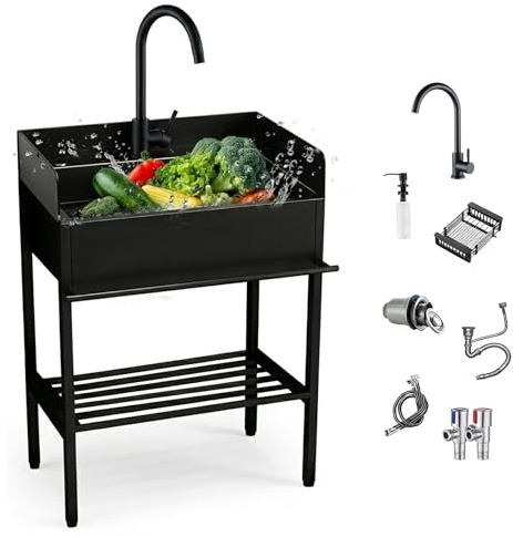 Lavandino Inox con Mobiletto, Lavatoio da Esterno e Giardino Autoportante con Paraspruzzi su 3 Lati, Vasca Lavanderia Altezza 92cm con Miscelatore, Lavello per Garage, Officina(80 x 45 x 92cm)