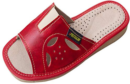 APREGGIO - Zapatillas de Estar por Casa para Mujer en Piel Lisa - Pantuflas Puntera Abierta - Sin Cordones - Hechas a Mano - Suela de cuña Ligera - Rojo - Talla 40 EU