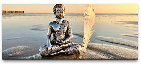 Paul Sinus Art Ivi König Wandbild 100x40cm Buddha Silber weiße Feder Strand Meditation Achtsamkeit Positive Energie