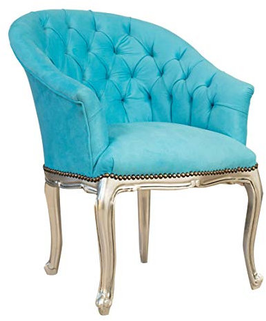 Biscottini Sillón barroco 87x68x67 cm | Sillas Luis XVI envejecidas de plata | Estilo francés | Sillón dormitorio de terciopelo azul