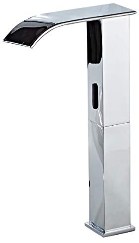 Automatic Sensor Bathroom Vessel Sink Faucet Chrome Electronic Motion Bathroom Faucet Waterfall Square Body Touchless Hands Free Energy Saving Water Tap Dual Powered One Hole Vanity Basin Faucet